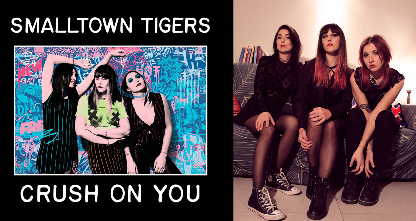 Photo of Smalltown Tigers album cover for "Crush On You" next to an image of Valli, Monty and Castel goofing around on a couch.