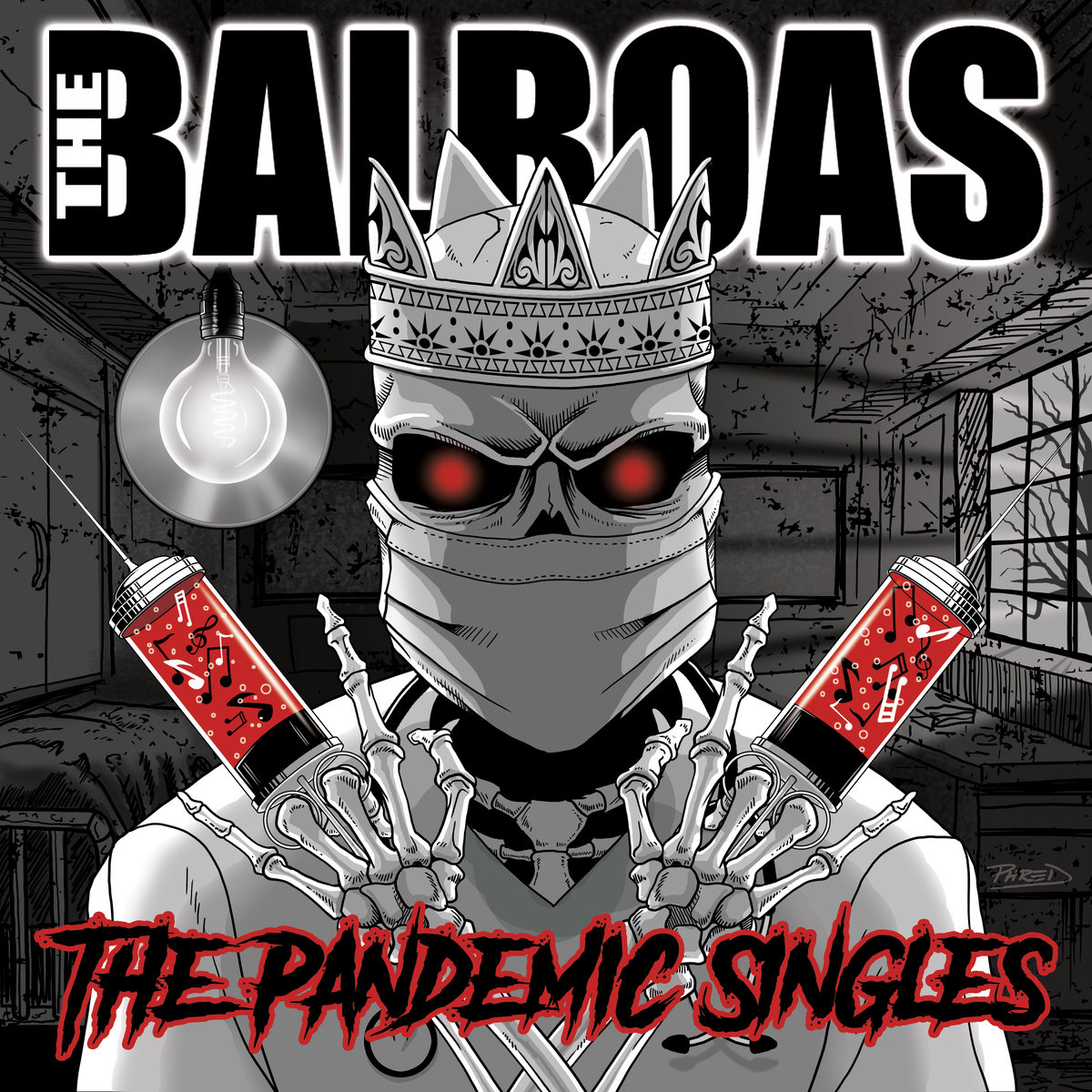 the pandemic singles cover art by Phred Rawles for the surf punk band The Balboas